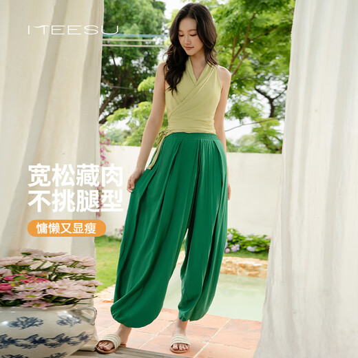 Meesu yoga blouse women's sleeveless summer casual sports light bloomers Chinese fashion Pilates meditation dance wear bamboo green + grass green two-piece set L