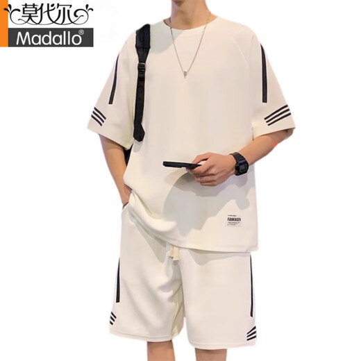 莫代尔高端睡衣男士夏季薄款宽松冰丝短袖t恤男短裤搭配两件套运动套装 FKS653白色套 L 约110-130斤可穿
