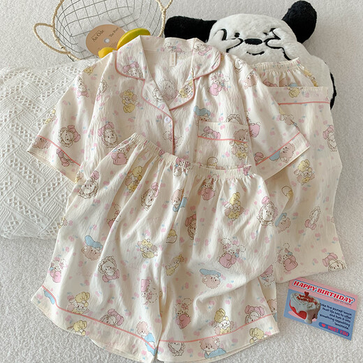 Catman Miiow Drei-teilige Pyjamas für Frauen im Sommer kurzärmelige Hose süße Cartoon-Strickjäde Girl Cloud Cotton Summer Home Clothing Set JS-9905# Schwarzes Liebes-drei-Stück-Kurzärärmel-Top + M 155-162 Gewicht 100 Jin [Jin gleich 0,5 kg]