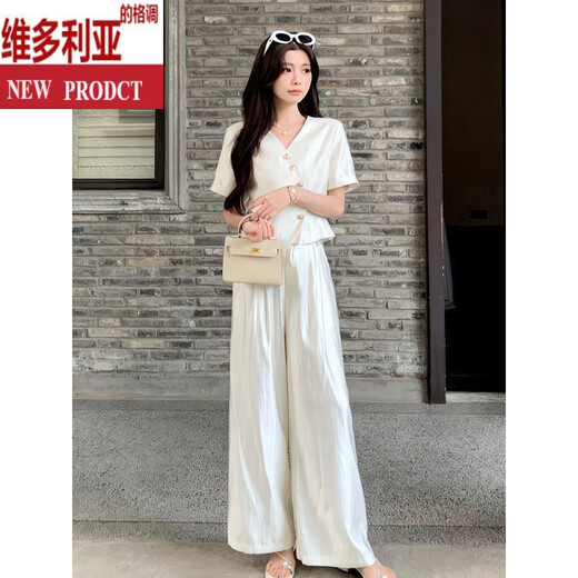 维多利亚的格调韩系时尚气质轻熟风套装女夏季2025新款老钱风马甲阔腿裤两件套潮 米色套装 S 建议80-100斤