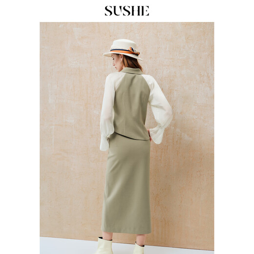 SUSHE Crescent Moon Deconstruction Wool Spliced Sleeve Cropped Top and Waist Straight Skirt Set Licorice Green-Skirt S