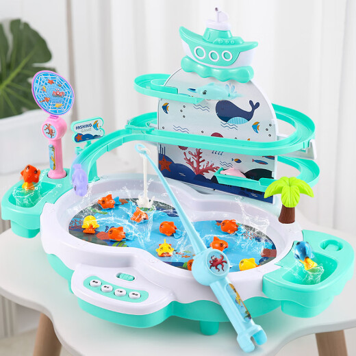 Magnetic fishing toys for children can be added to the pool set for babies 1-2-3 years old enlightenment toys for boys and girls USB for electric magnetic levitation stair climbing track water toys gift suspension slide fishing platform (green) charging version