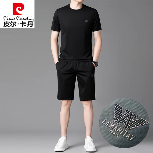 皮尔卡丹高端桑蚕丝运动套装男士2025夏季冰.丝短袖T恤男装套装休闲两件套 绿色套装【13603-1】 M 165 【适合体重100-120斤】