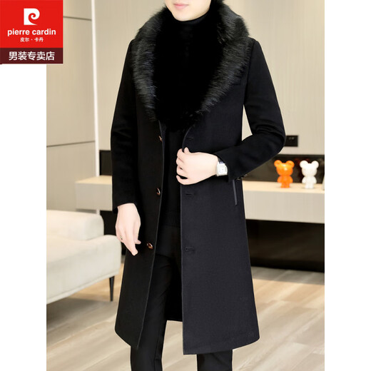 Pierre Cardin autumn and winter men's extended length knee-length woolen coat jacket trendy business men's thickened fur collar woolen windbreaker black XL