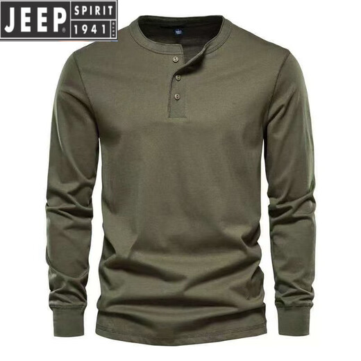JEEP SPIRIT American retro heavyweight long-sleeved bottoming shirt fashionable versatile henley shirt men's fitness tough guy army green bottoming top military green L