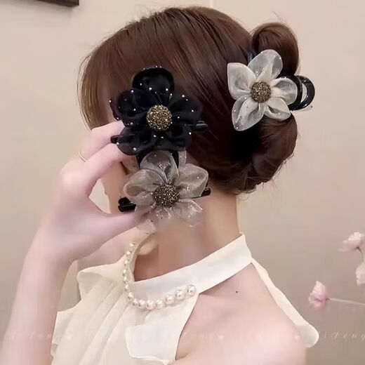 Rhinestone polka dot mesh sunflower clip for women 2025 new high-end bubble shark clip back of head hair clip black 1 piece