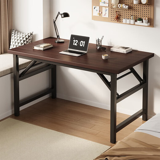 Humanities Chengjia Foldable Computer Desk Desktop Home Desk Bedroom Small Table Simple Study Writing Desk Rectangular Black Walnut Color 120*60*75cm (Double Rod)