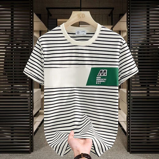 贝吉棋2025新款短袖T恤时尚休闲潮流夏季条纹圆领男士百搭上衣 黑色透气吸汗棉9898 M