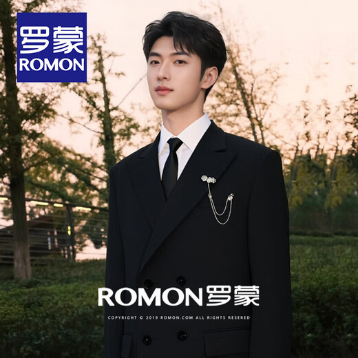 ROMON men's suit suit double-breasted groom wedding dress business formal high-end banquet host suit for men black suit + shirt + pants XL 151-165Jin Jin equals 0.5 kg