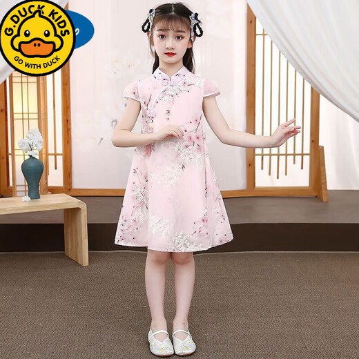 G.duck Girls' Cheongsam Dress Summer 2024 New Style Chinese Style Summer Children's Internet Celebrity Hanfu Princess Dress 2021 Pink Embroidered Cheongsam 2024 150 Suitable for Height 140