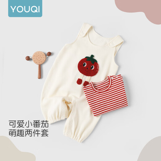 Youqi baby clothes, autumn clothes, super cute overalls, stylish bottoming shirt, two-piece set, cute outing clothes, baby autumn suit, Tomato Xiaobao, striped T-shirt + overalls, 90cm