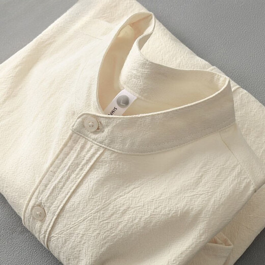 Japanese linen apricot stand collar short-sleeved shirt men's Henry collar cotton and linen short-sleeved shirt men's textured top dark blue textured skin-proof XL 120-135Jin Jin equals 0.5 kg