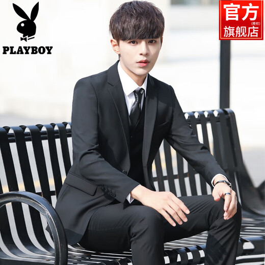 Playboy Suit Men's Summer Teenage Slim Small Suit Professional Formal Groomsman Clothing Wedding and Adult Ceremony Black 2-button Suit Top+Pants+Shirt+Vest L