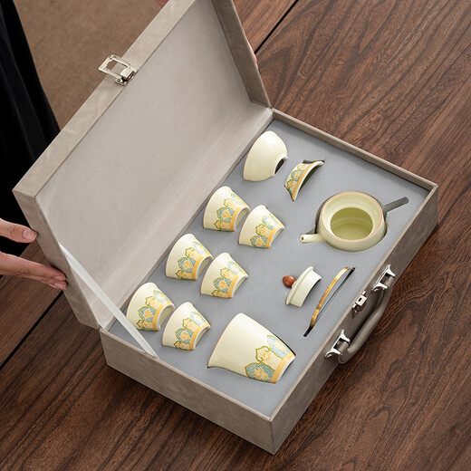 Bo Na Ling Tea Set Complete High-end Kung Fu Tea Set Portable Business Gift Practical Heartfelt Birthday Gift for Father and Elders Ru Kiln Ancient Charm 10-piece Set Chinese Dragon Gift Box