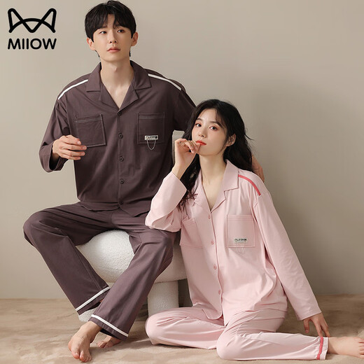 MiiOW spring and autumn cardigan lapel couple pajamas for men and women pure cotton long-sleeved trousers loose casual can be worn outside home clothes suit AM female 34843 male 34844 XL female