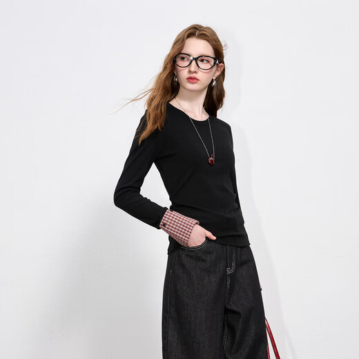 Sancai 2025 Autumn New Round Neck Long Sleeve T-Shirt Bottoming Top Right Shoulder Slim M