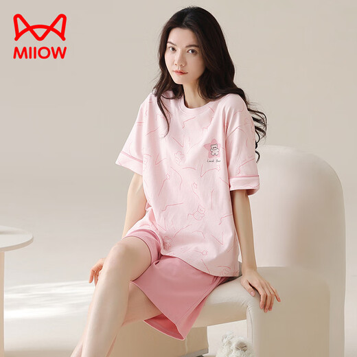 猫人（MiiOW）夏季纯棉睡衣女士2025新款短袖女款家居服大码夏天套装可外穿薄款 A9855 橙色小熊 M 80-100斤】