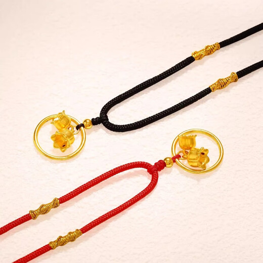 Dewey Van gold-wrapped 999 solid gold pendant G gold lily of the valley transfer bead pendant hand-woven rope for girlfriend in the year of birth, plain ring lily of the valley pendant + braided black rope necklace (the gold layer is thicker)