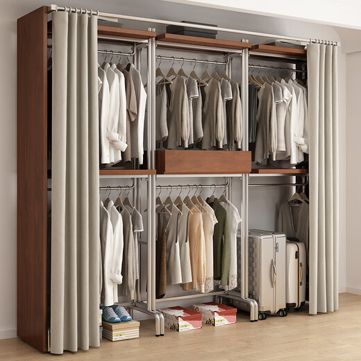 Zhaoze Open Wardrobe Nordic Wrought-in Clothes Rack Floor-standing Storage Rack Curtain Bedroom Frame Metal Clothes Room Combination 9;195*50*220cm High-Milk Tea Color