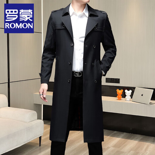 ROMON extra long over the knee spring and autumn versatile windbreaker men's mid-length trendy 2025 autumn and winter new coat double-breasted coat 2168-135 Khaki over the knee XL 140-160 Jin Jin is equal to 0.5 kg