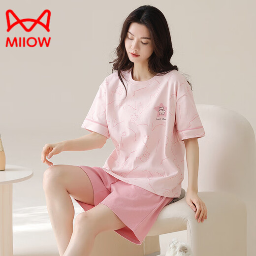 猫人（MiiOW）睡衣女士夏季纯棉短袖短裤新套装全棉透气凉感可外穿家居服 Z9855 M 【建议80-100斤穿】