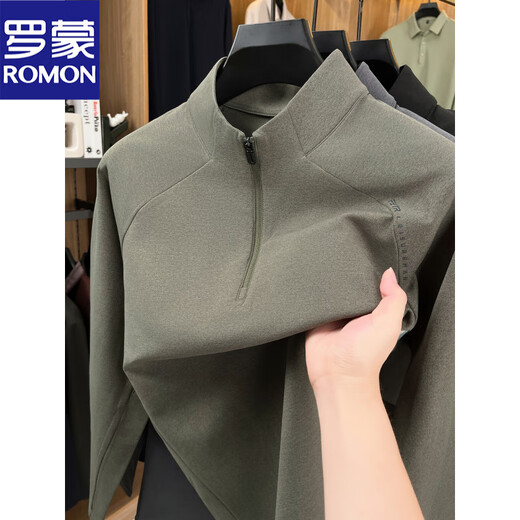 ROMON half-zip sweatshirt men's stand-up collar jacket solid color 2025 new autumn and winter top sports cycling clothing trendy green XL