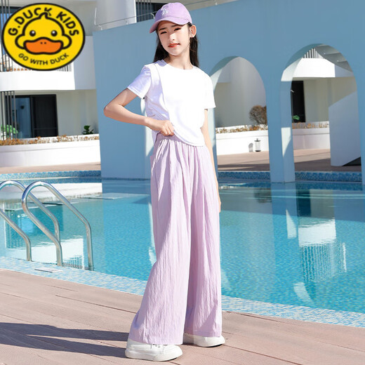 G.duck小黄鸭女童夏装套装儿童2025新款大童短袖t恤长裤夏季休闲运动服 15025米白色+9731紫色 160 cm