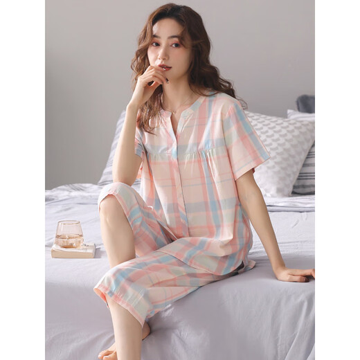 猫人（MiiOW）梭织纯棉睡衣女士夏季薄款短袖七分裤纱布夏天家居服套装开衫 S2--5012黄色(七分裤) M (荐80-100斤)