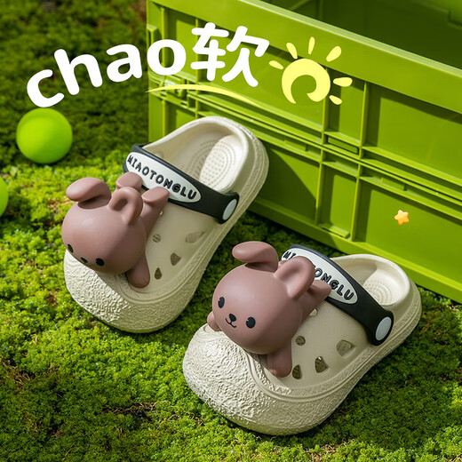 Eltern-Kind-Stil Kinderlochschuhe für Jungen und Mädchen dreidimensionales Kaninchen Anti-Rutsch-Slip Ultra-auf-dick-Soled Home Outdoor Baby Sandalen Schwarz 28 innere Länge 18 cm