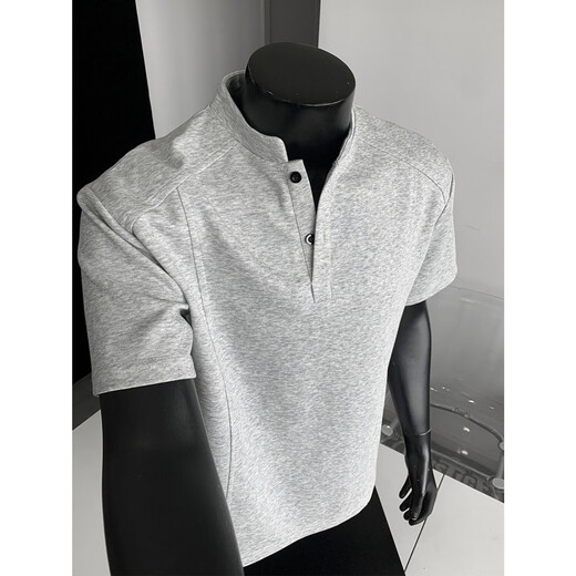 Light gray deconstructed Henry collar polo shirt for men in summer American fashion brand short-sleeved T-shirt for men, handsome and versatile top, light gray 2XL