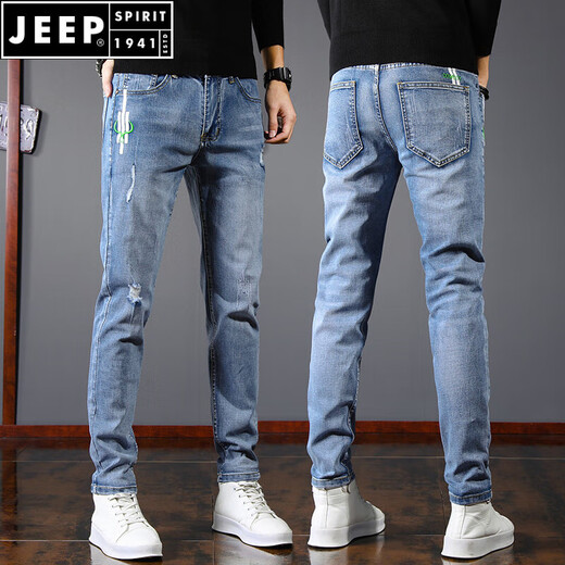 JEEP SPIRIT2025 New Jeans Men's Slim Foot Summer Tight Men's Pants Summer Thin Straight Pants Men's Pants ssnz-6636 Gray Spring and Autumn Style Without Velvet 31