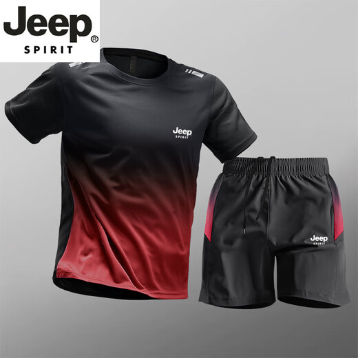 JEEP SPIRIT轻奢高端运动套装男士速干衣短袖t恤夏季冰丝训练短裤健身衣服男 9901黑灰套装 M