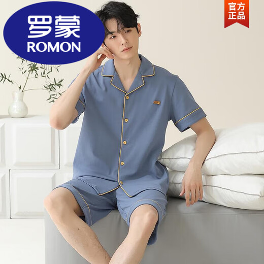 罗蒙（ROMON）睡衣男士夏季纯棉短袖短裤开衫薄款大码纯色休闲家居服套装夏季男 灰紫色12806【100%纯棉】 L 【建议100-120斤穿】