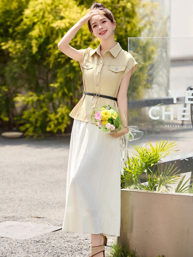 NOSSKISS奢侈高档品牌时尚气质连衣裙女2025夏季新款韩系休闲百搭两件套 黄色 L 建议(110-120斤)