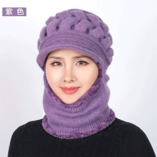 Weilang hat women middle-aged and elderly winter casual thickened woolen hat plus velvet warm scarf mother hat one-piece wine red one size