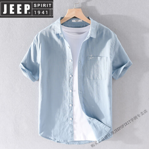 JEEP SPIRIT男士亚麻短袖衬衫日系宽松薄.款夏季青年纯色休闲棉麻料衬衣服 9711淡蓝 M 斤左右