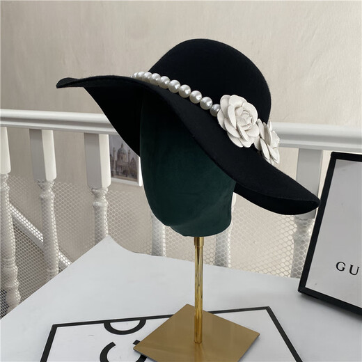 Gisela Hepburn style hat French black big brimmed hat Elegant retro Hepburn style British pearl big brimmed hat Model basic same style (suede) diameter 40cm S (54-58cm)