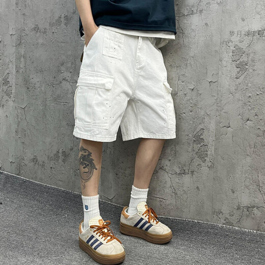 Si Ruilin Yin Xiaoji Heavy Washed Loose Workwear Big Pocket White Bamboo Denim Shorts Half-length Pants for Men and Women 1049 White M 90-110