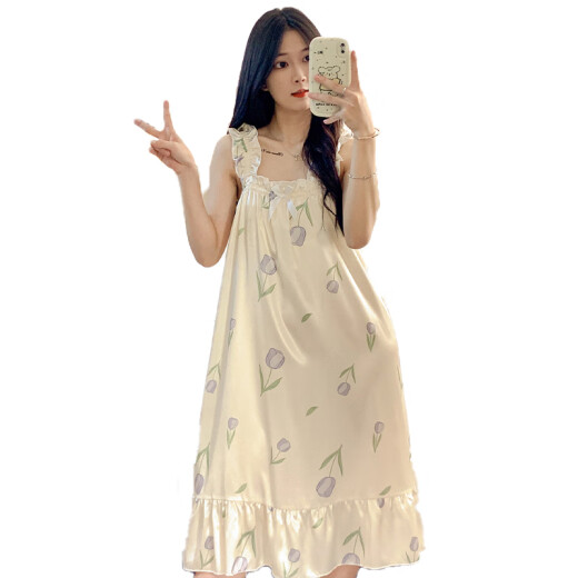 雅鹿睡裙女夏季自带胸垫冰丝凉感吊睡衣夏天女士甜美可爱家居服春秋 1355【可拆卸胸垫】# M 【75-100斤】