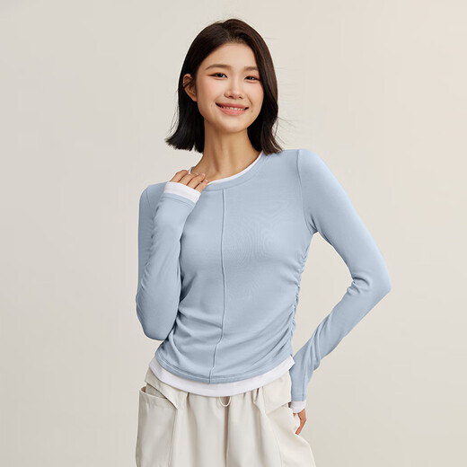 NEVER ME Sports T-shirt Women's Pleated Slim Top Pilates Training Yoga Wear Bottoming Shirt Contrast Color Long Sleeve Mist Blue M Recommended 100-115 Jin Jin equals 0.5 kg