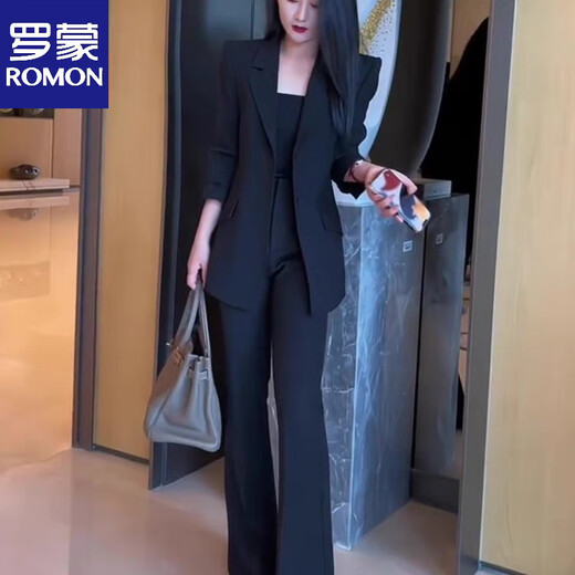 ROMON Official Black Suit Jacket Feminine Spring and Autumn High-end New Style 2026 Professional Casual Suit Fashionable Formal Black Jacket + Pants L _108-118Jin Jin is equal to 0.5 kg