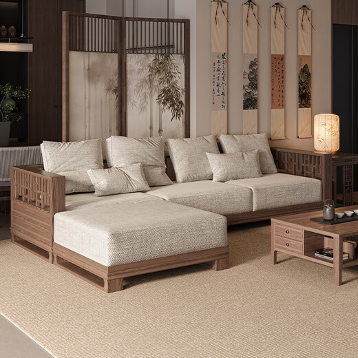 Jigi New Chinese Style Song Dynasty Aesthetic Zen Fabric Sofa Combination Office Rest Area Business Reception Negotiation Straight Sofa Combination One 2.0 Meter Three-Seater + Side Table + Coffee Table