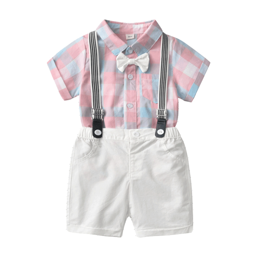 Bangshijieli summer infant suit for boys, short-sleeved shirt and overalls, one-month-old dress, one-year-old gentleman's suit (covering farts), shirt + bow tie + overalls 90