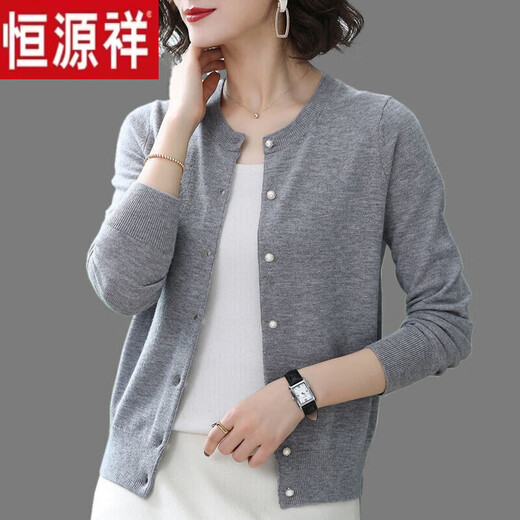 Hengyuanxiang wool cardigan women's short solid color outer sweater early autumn new loose outer wear temperament mother sweater jacket black not easy to pilling thin warm not bloated 2XL 130-140Jin Jin equals 0.5 kg
