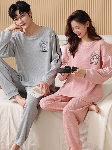 曼之伴（Manzhiban）情侣睡衣春秋款纯棉长袖宽松加大码家居服男女款薄款全棉套装 HMF7374#纯棉款情侣套装 女：M