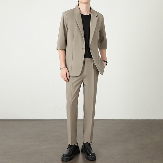 Light and mature style Korean style loose summer thin men's suit two-piece set gray set 3XL