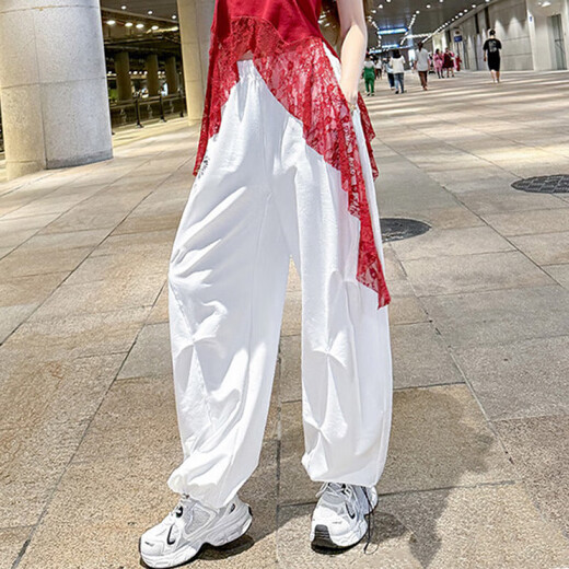 安源小子爵士舞服装女套装演出小个子女夏季薄款曳步舞上衣蕾丝拼接跳广场 白色 裤 子6627 M [80-105斤]