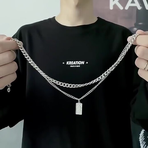 Yechi double-layered Cuban chain men's titanium steel square brand pendant trendy niche design hip-hop necklace sweatshirt chain accessories square brand avatar necklace-50cm