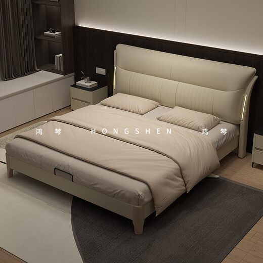 Hongteng 24-hour delivery Foshan Italian light luxury style leather bed mortise and tenon solid wood bed 1.8m