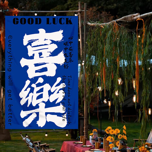 溥畔网红打卡户外露营氛围感装饰布卧室餐厅高级背景布墙布毛笔字挂布 4877-喜乐02 定制文字尺寸联系客服